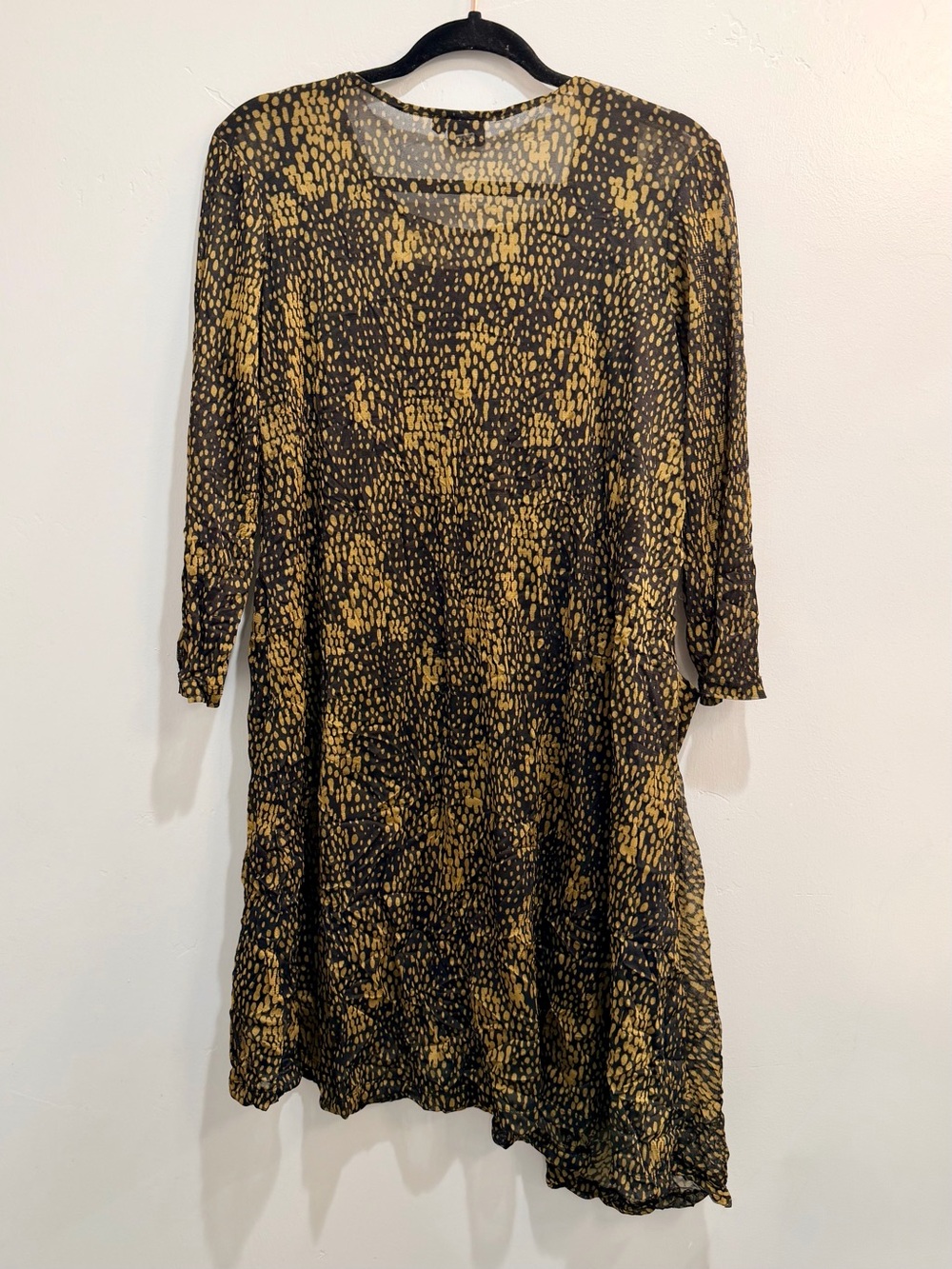 Lisa Bayne Crinkled Mesh Asymmetric Hem Dress Black Gold Dot Lagenlook Medium - Picture 10 of 14